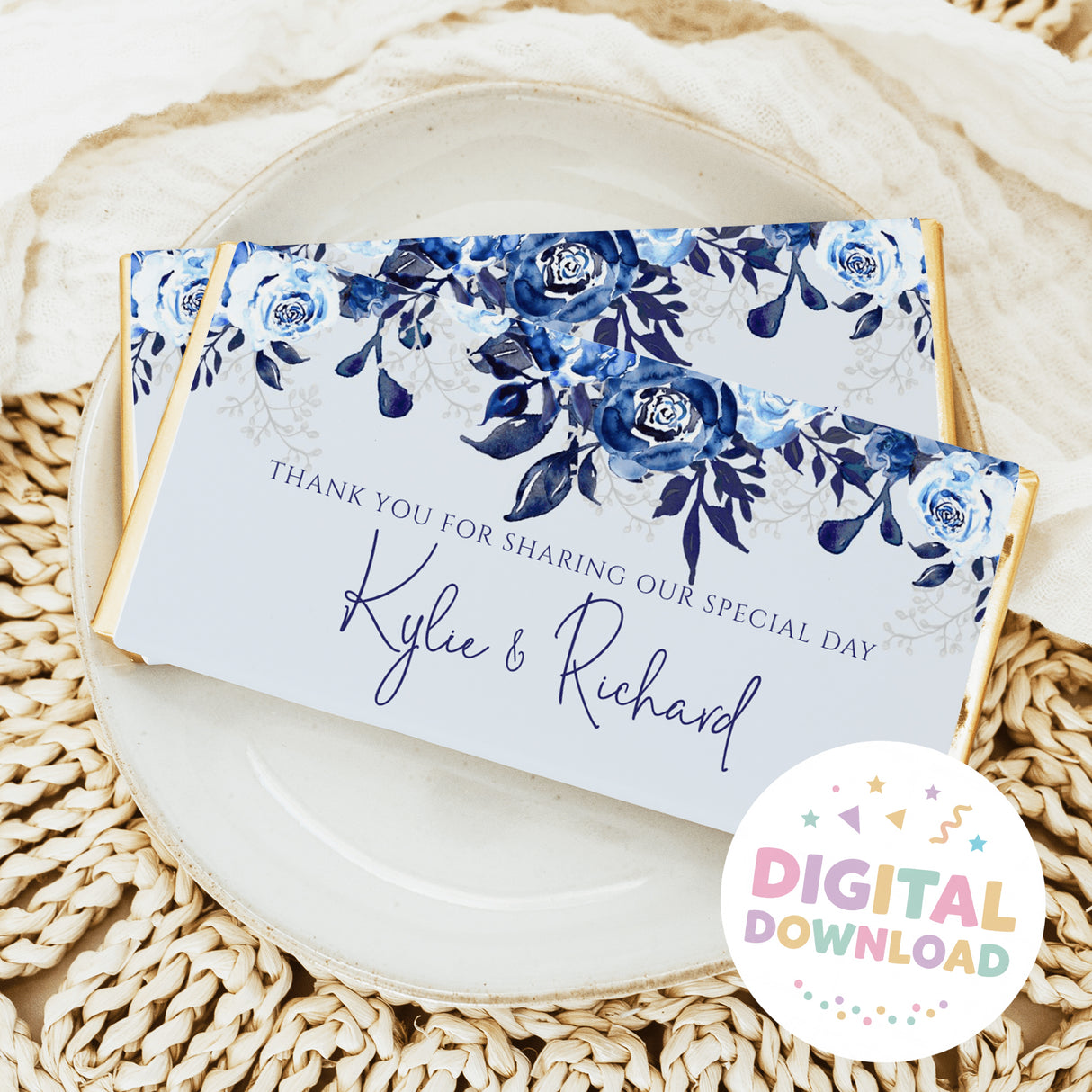 Blue rose floral chocolate bar wrapper with thank-you text and names Kylie & Richard