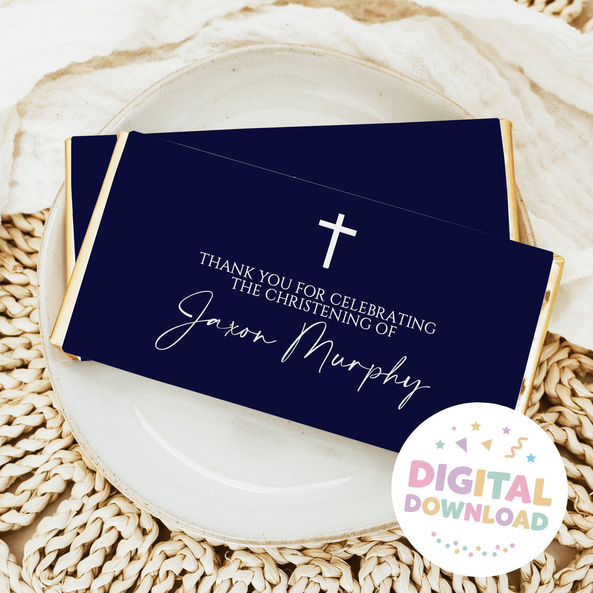 Navy and white christening chocolate bar wrapper with cross, Thank you text, and baptism name