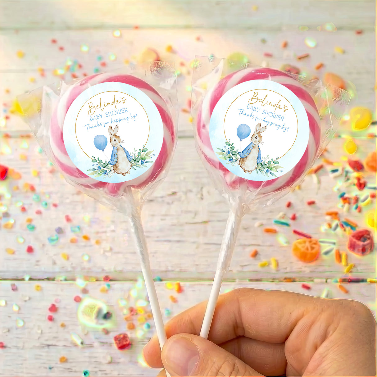 Peter Rabbit pink baby shower personalised lollipop with bunny label, wrapped candy