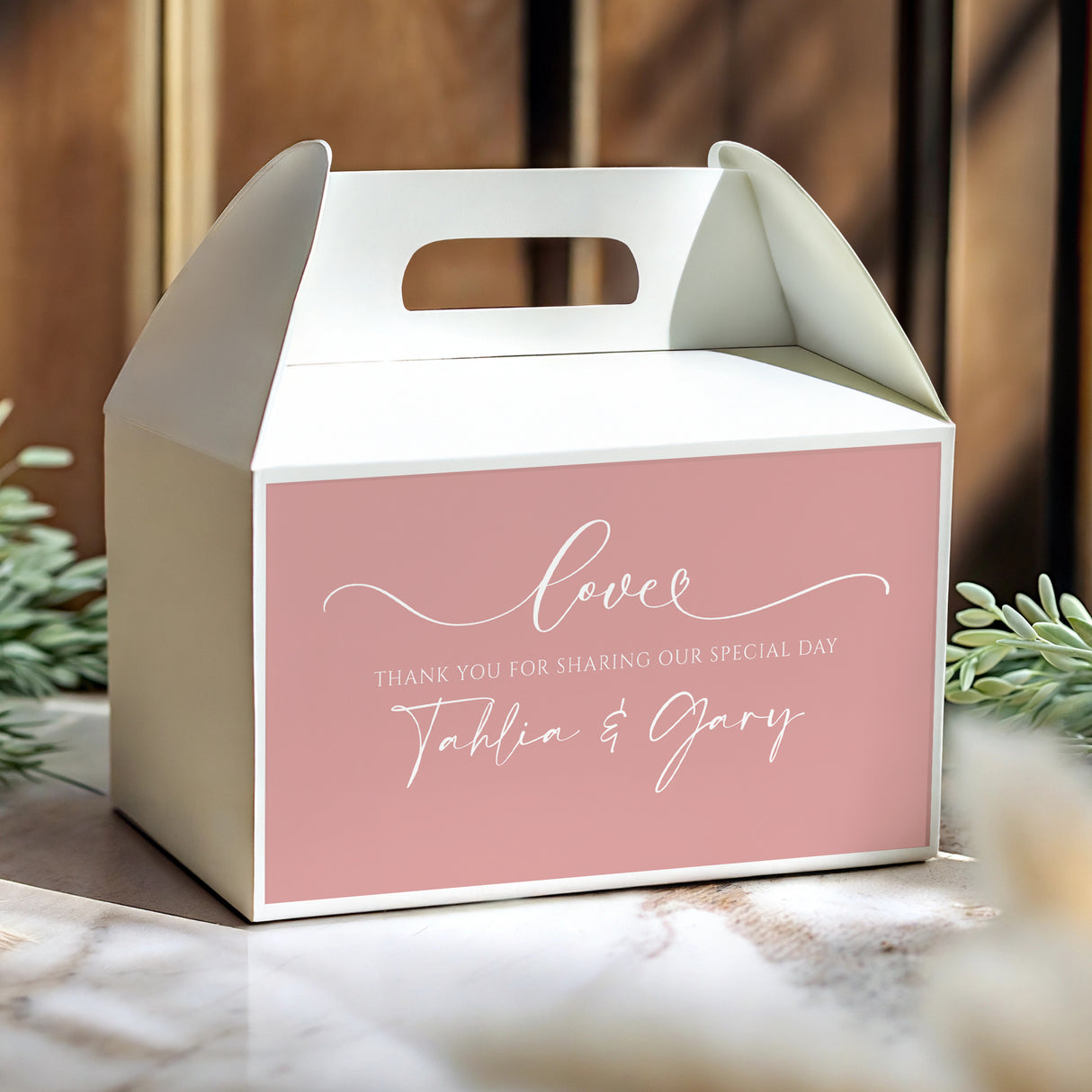 Dusty pink wedding gable favour box with white roof, window handle, 'Love' text