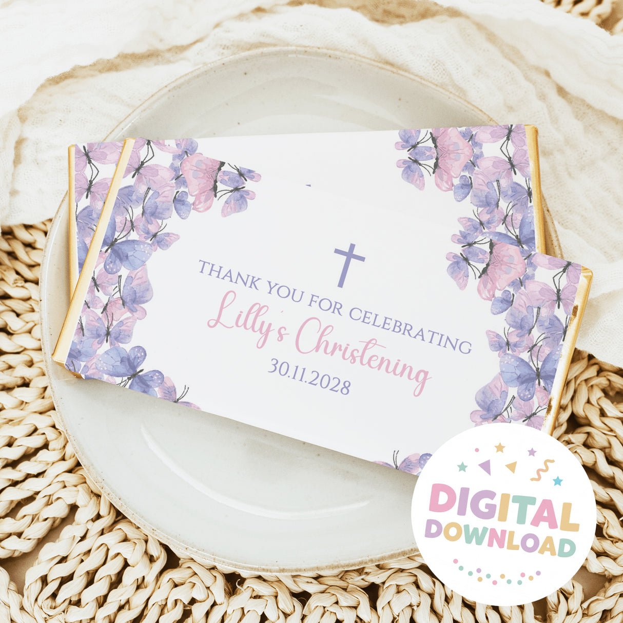 Christening chocolate bar wrapper with pastel butterfly border, cross, and thank you text
