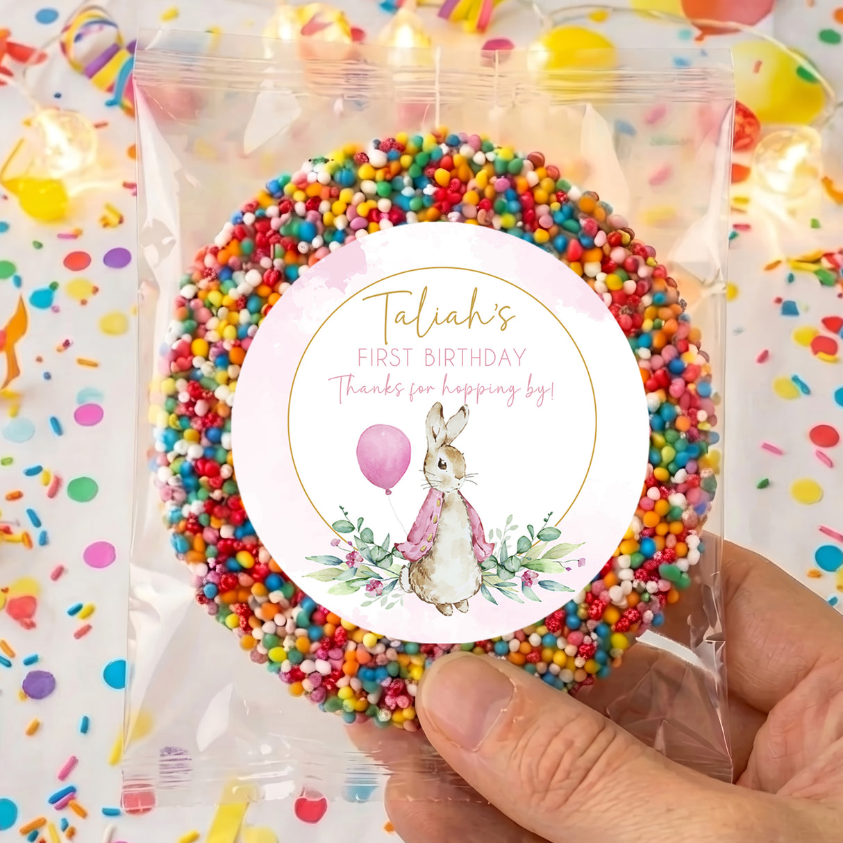 Personalised giant freckles in clear bag, round multicolor sprinkle ring with bunny birthday label