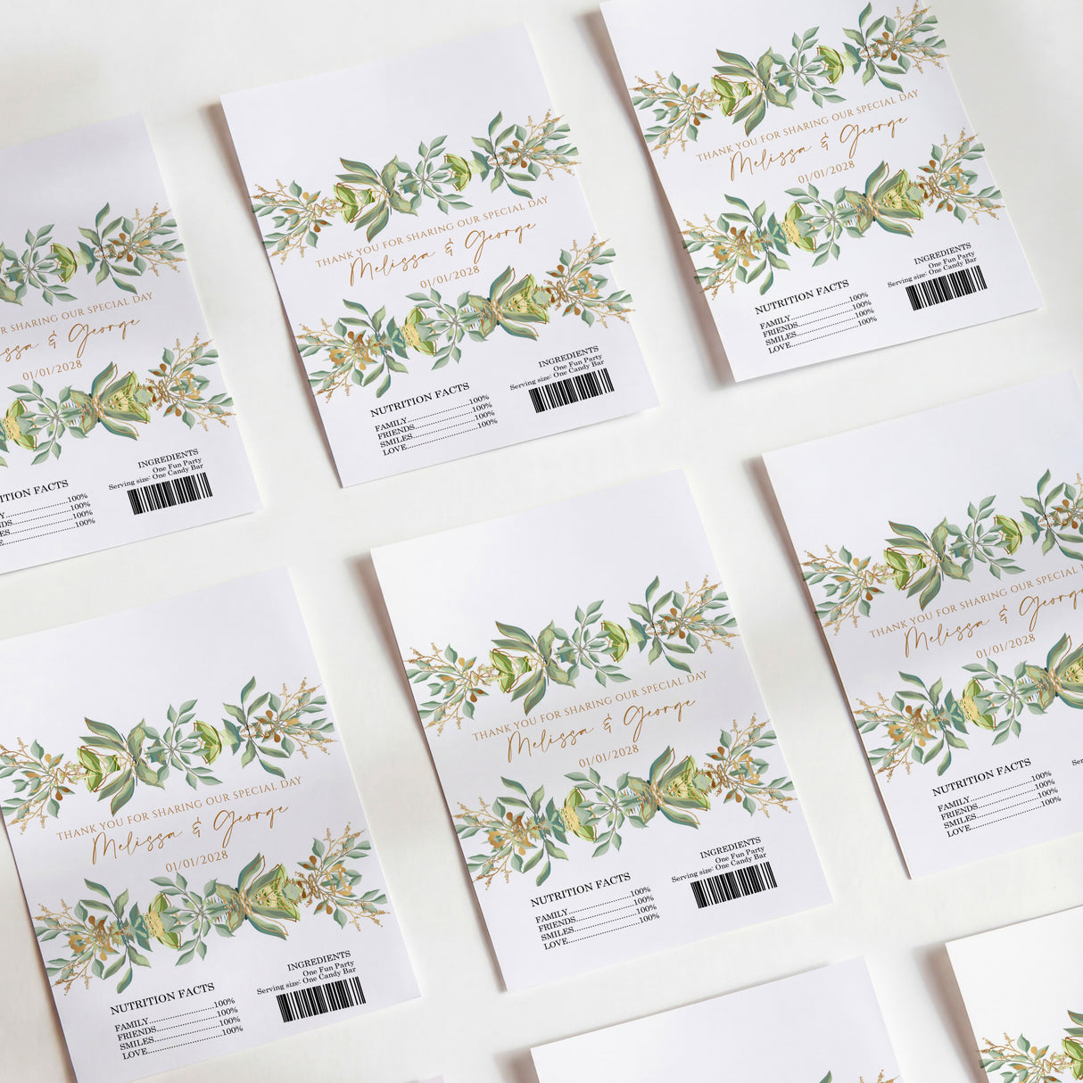 Greenery wedding chocolate wrappers with gold script, floral leaves border, barcode labels