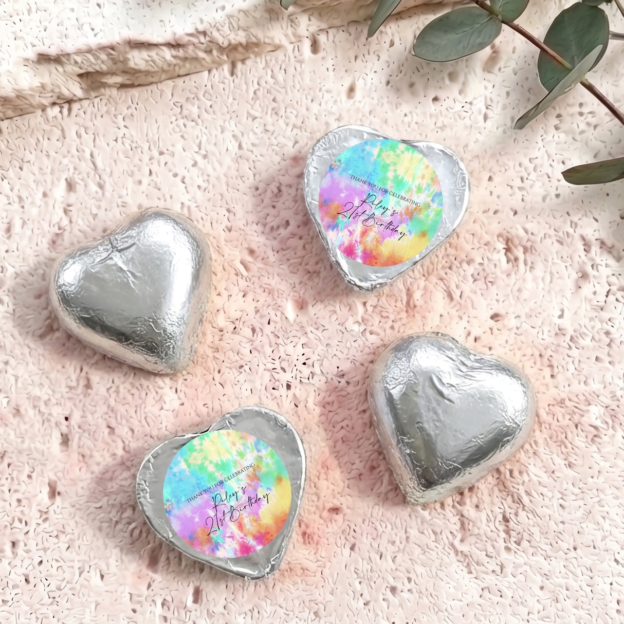 Silver foil heart chocolates; two feature tie-dye personalized print