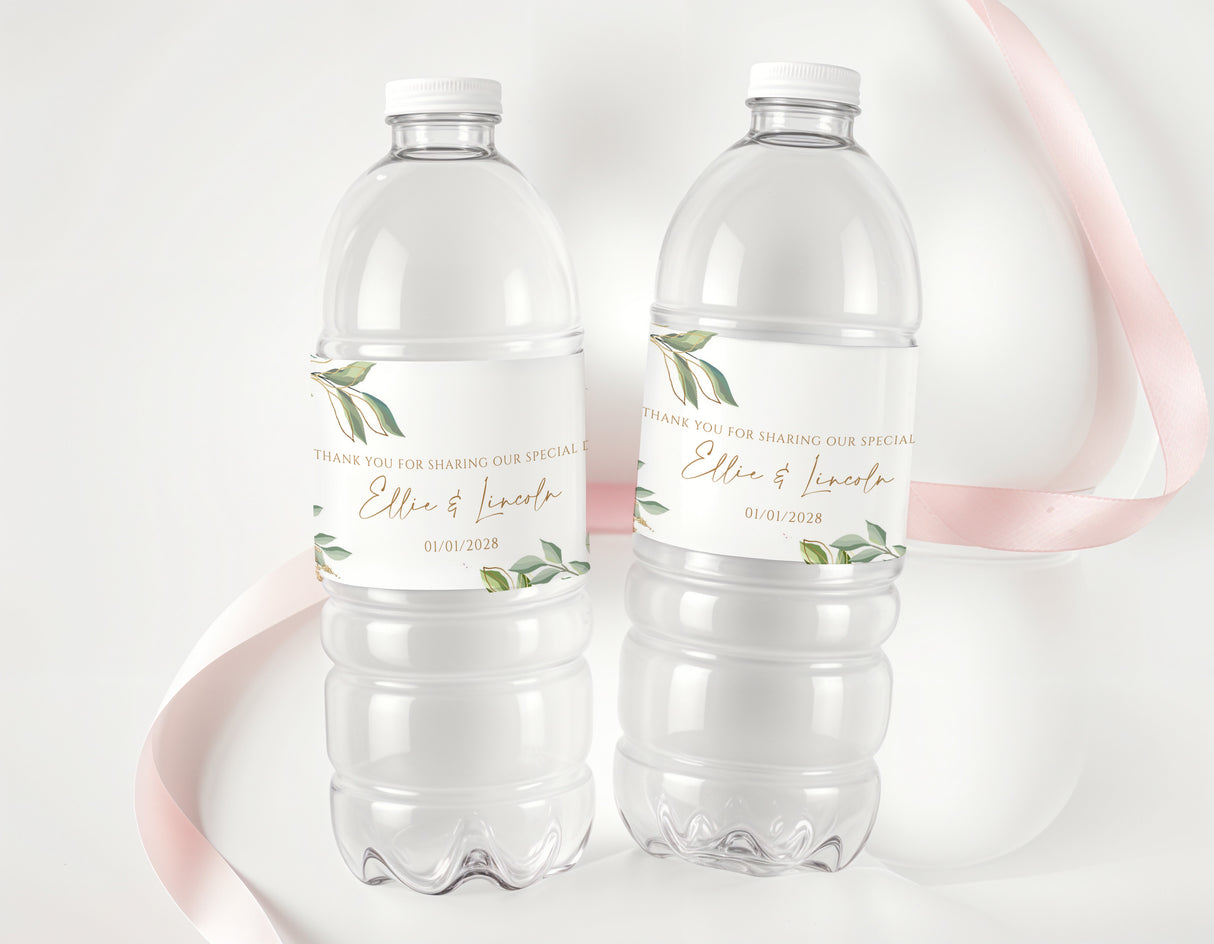 Wedding water bottle labels with green leaf greenery and gold-themed typography on clear bottles