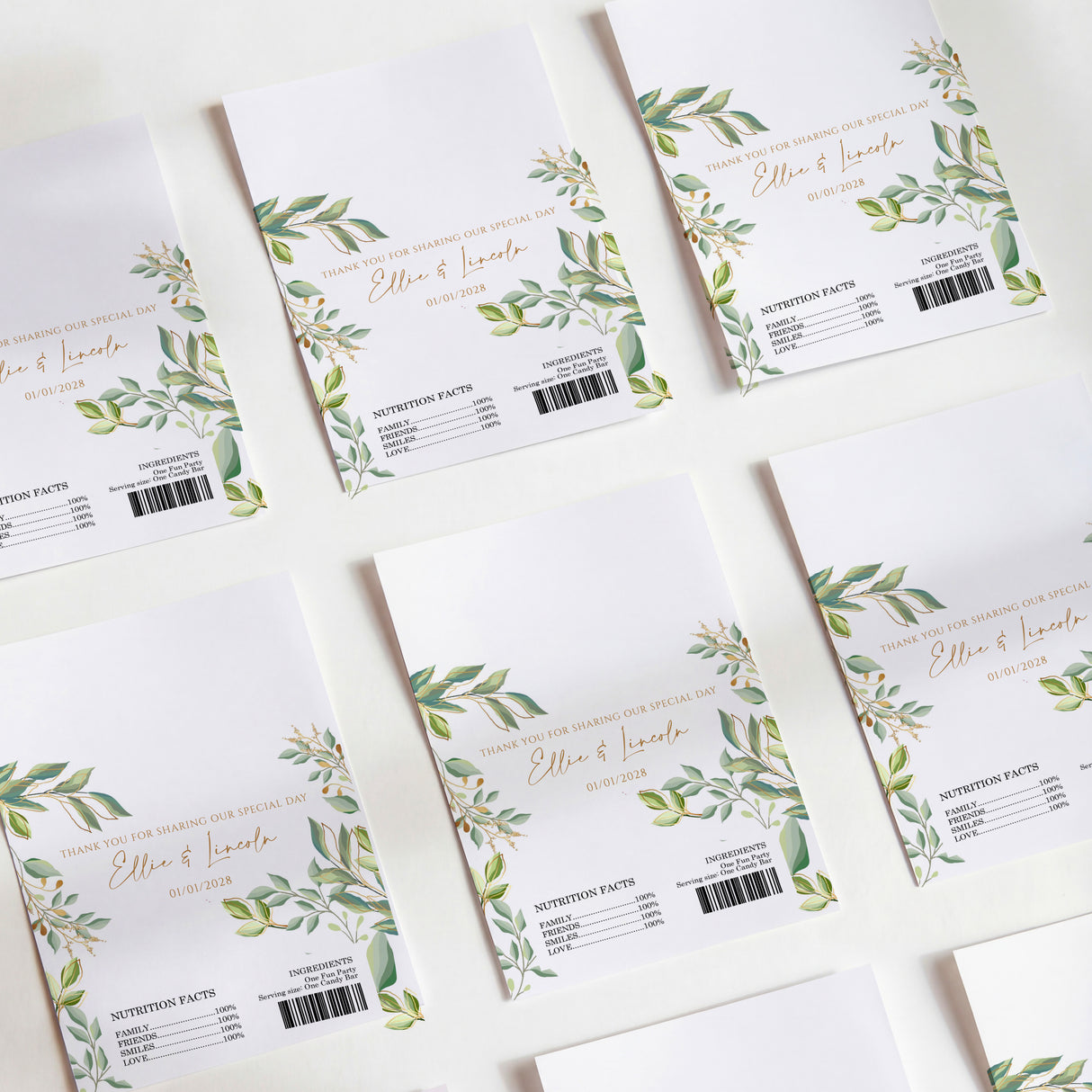DIY chocolate wrappers, white with green-gold botanical print and nutrition panel