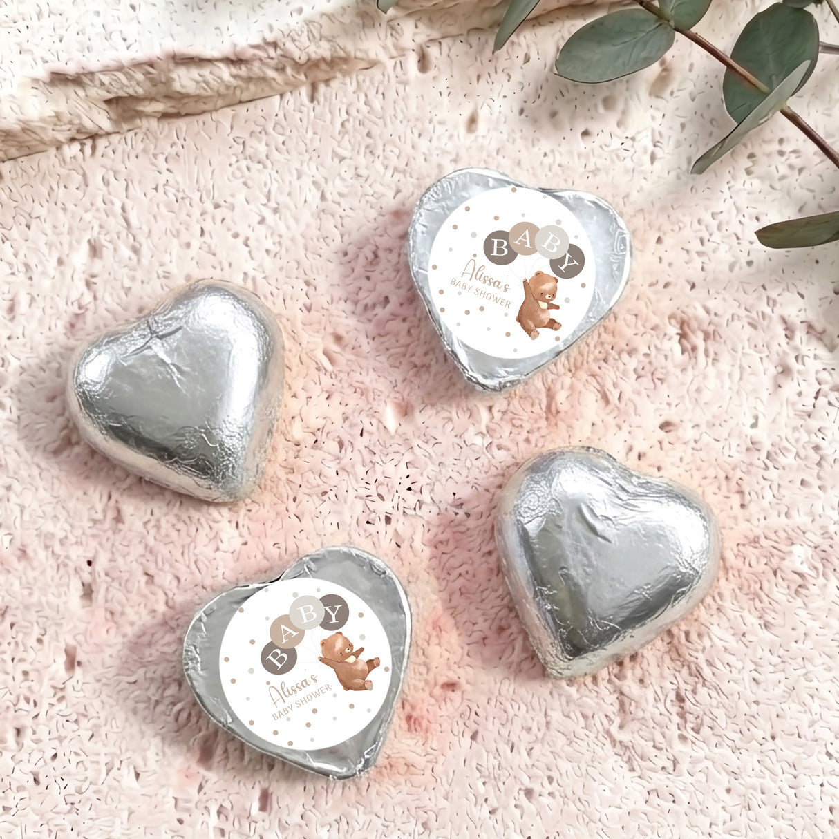 Silver heart foil chocolates with Baby shower label and teddy graphic