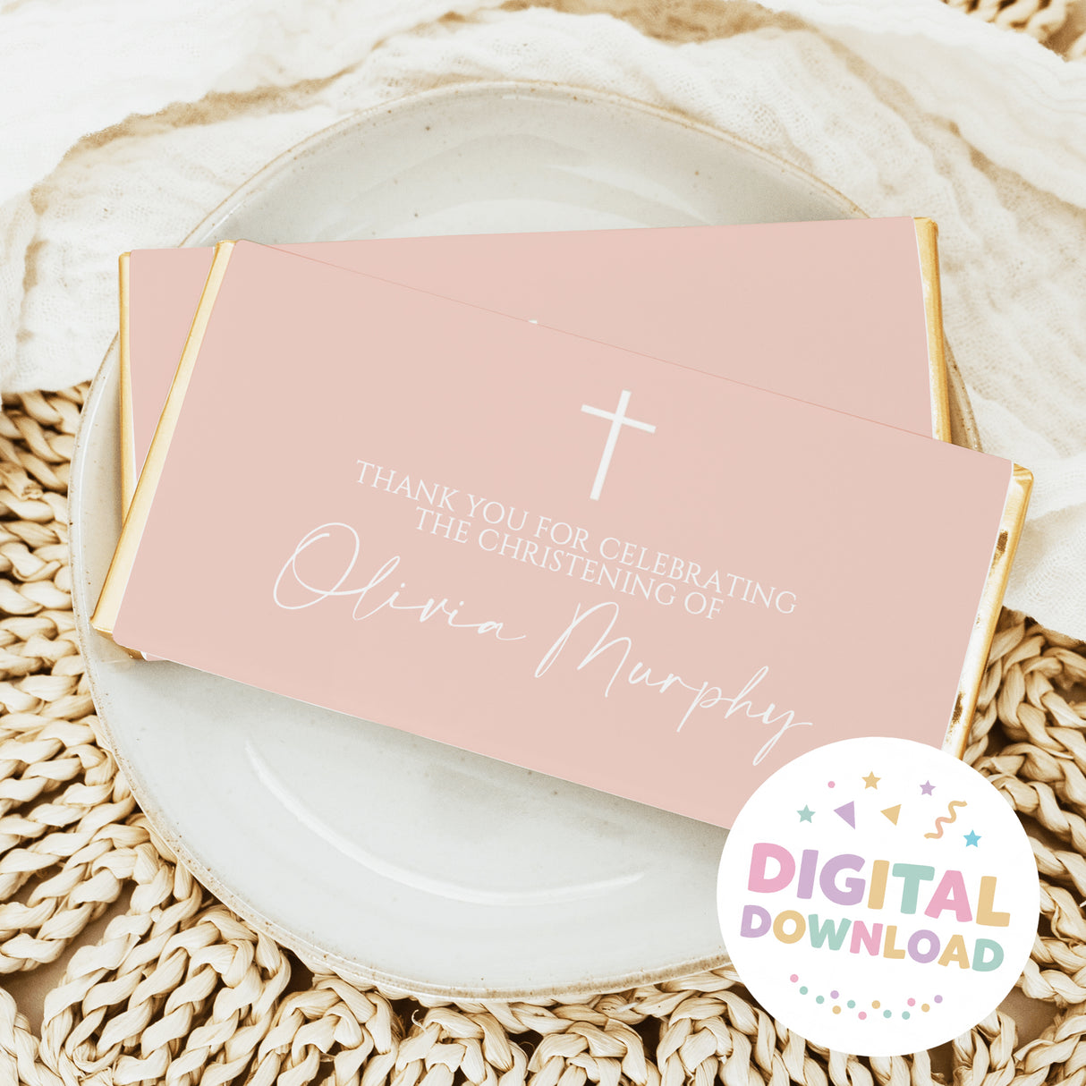 Pink chocolate bar wrapper with cross, thank you message, and custom name Olivia Murphy