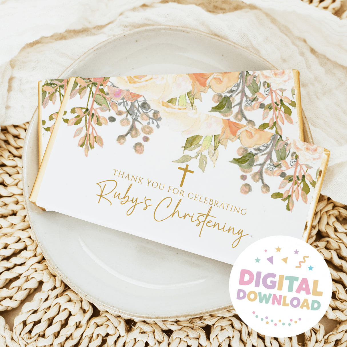 Christening chocolate bar wrapper with peach-and-cream florals, cross, and thank-you text