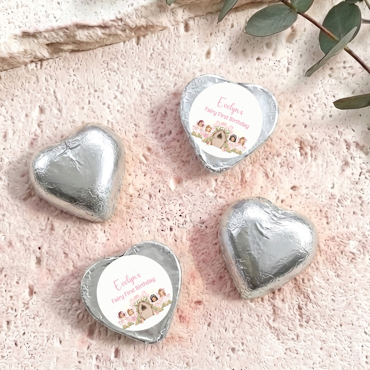 Personalised foil heart chocolate truffles, silver with “Evelyn’s” birthday label