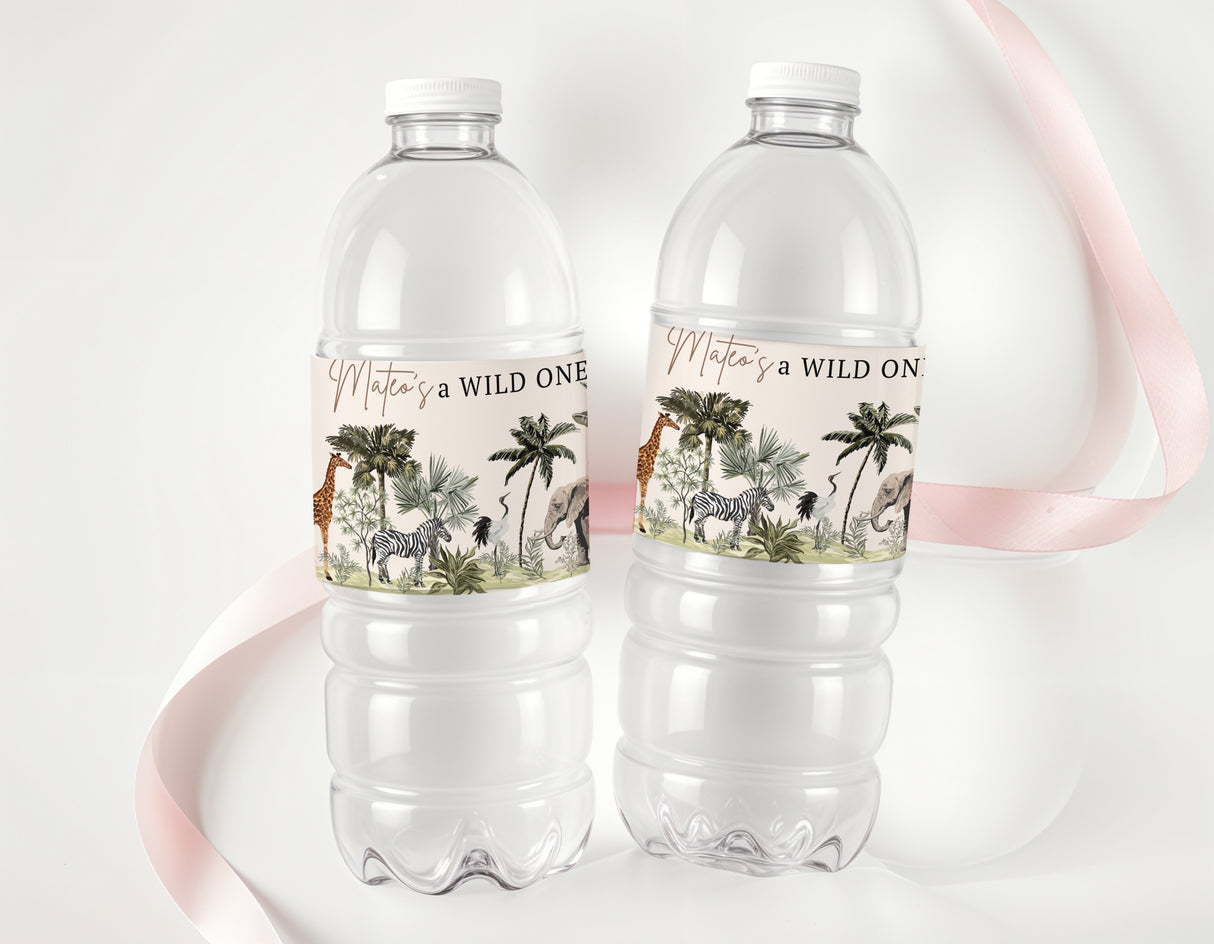 Personalised jungle label drink bottles, clear plastic with animal and leaf design