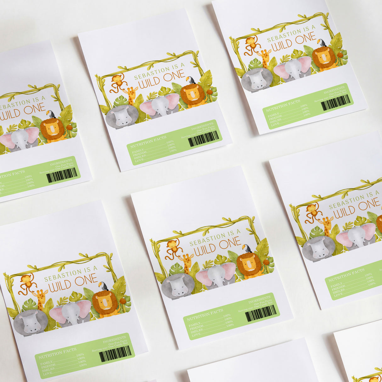 Jungle Wild One birthday chocolate wrappers, jungle animal print with green label and barcode