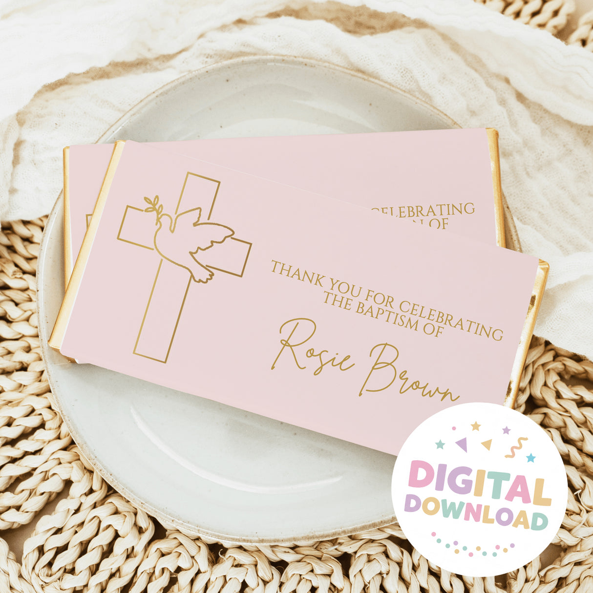 Pink chocolate bar wrapper with gold cross, dove, baptism thank-you message.