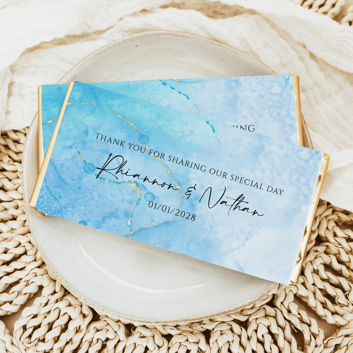 Blue watercolor marble wedding chocolate bar wrapper with gold accents and message