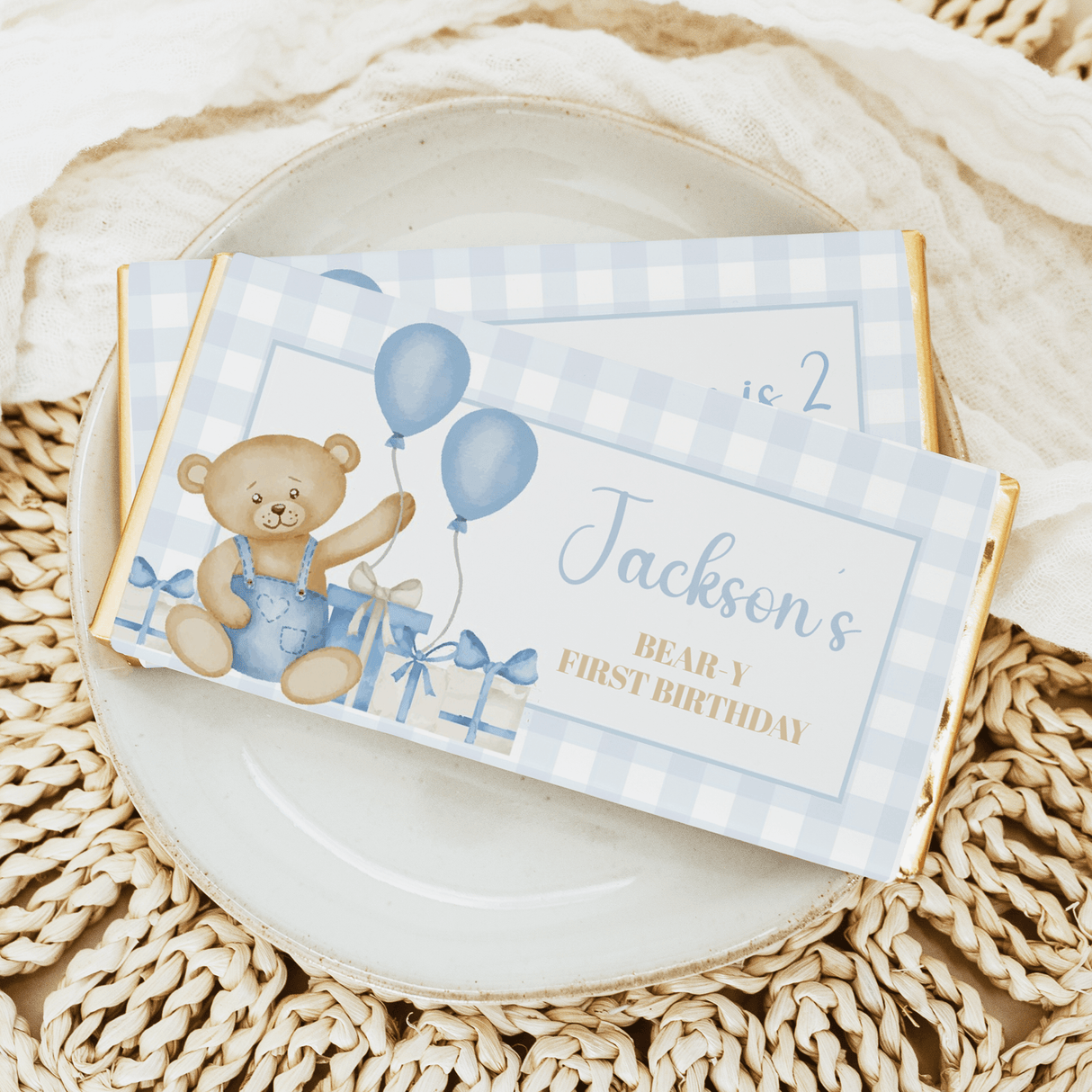 Blue bear first birthday custom chocolate bar wrapper with balloons and “Jackson’s” text