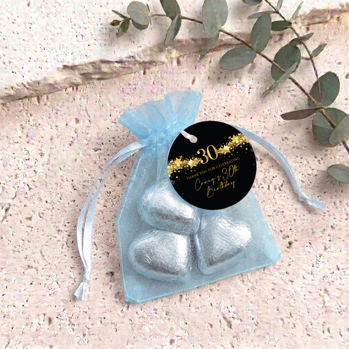 30Th Birthday Black Gold Stars Personalised Organza Bags with Chocolate Hearts