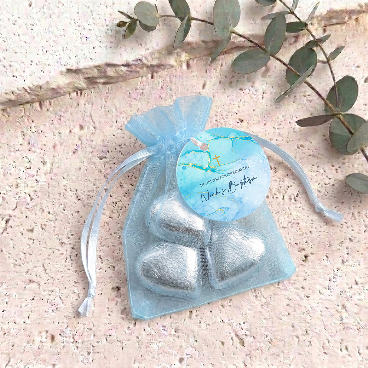 Blue Gold Cross Baptism Personalised Organza Bags with Chocolate Hearts