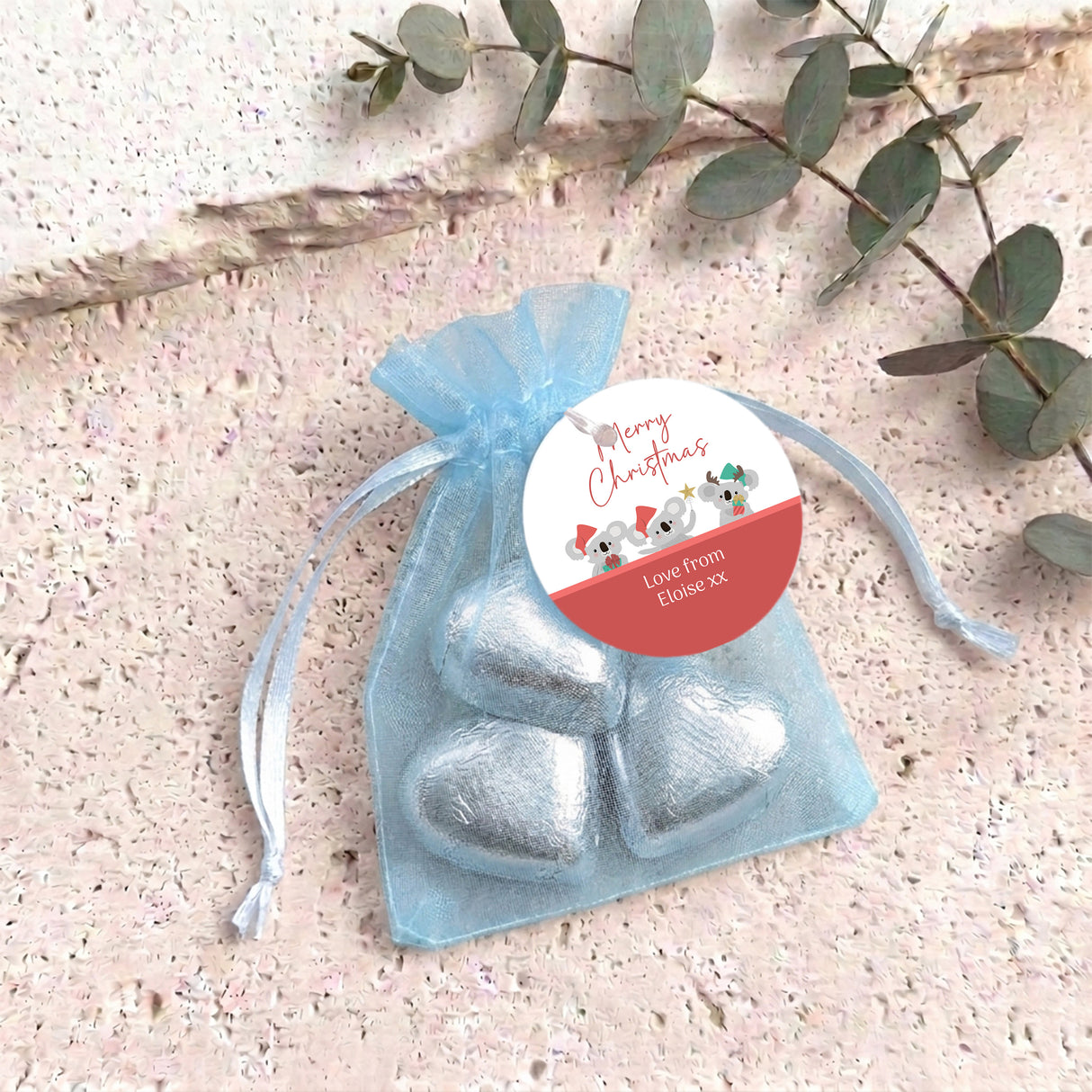 Christmas Koalas Personalised Organza Bags with Chocolate Hearts