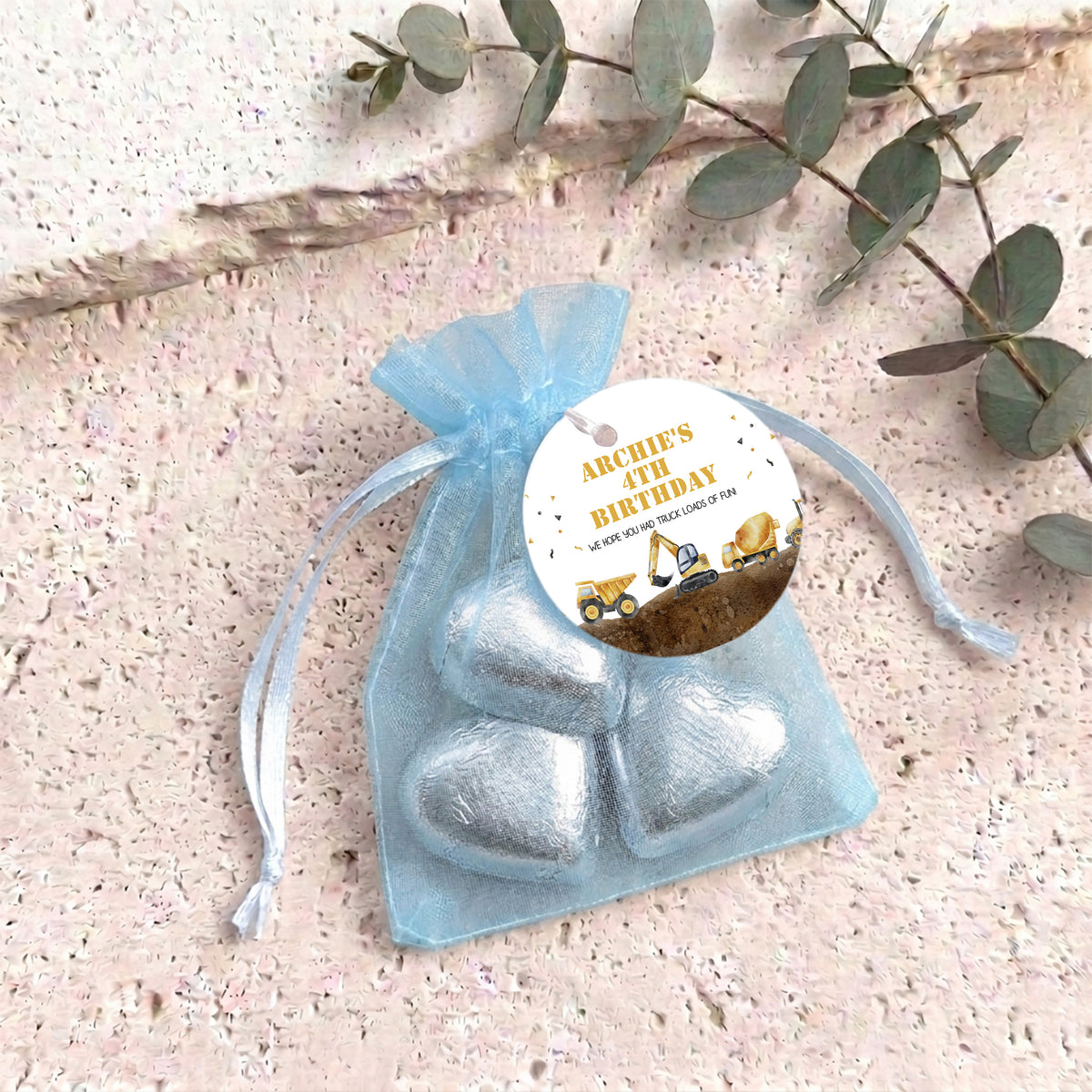Construction Trucks Personalised Organza Bags with Chocolate Hearts