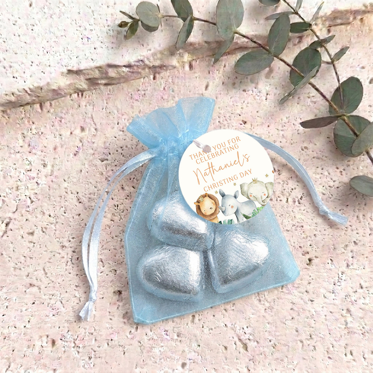 Cute Watercolor Baby Animals Christening Personalised Organza Bags with Chocolate Hearts