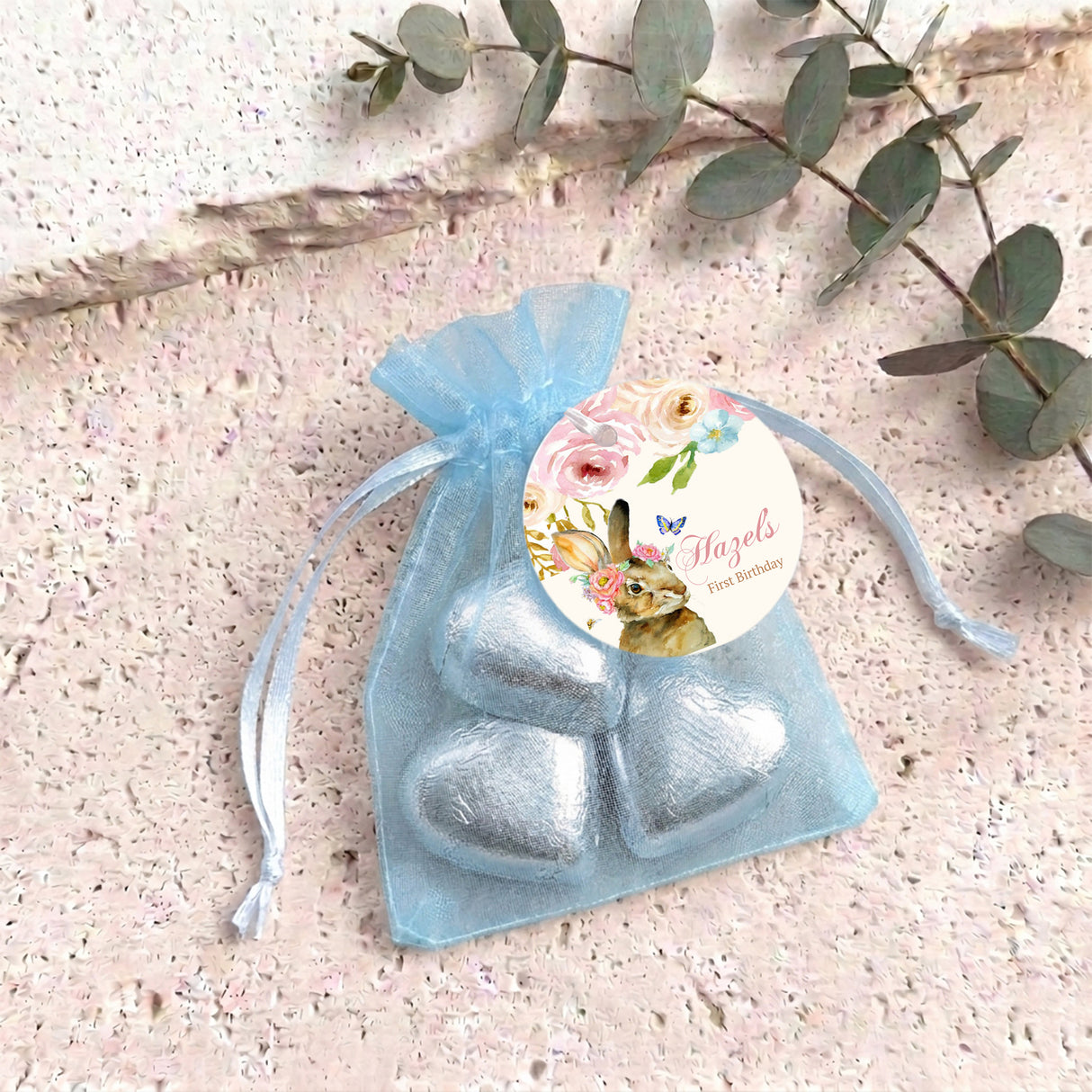 Floral Bunny First Birthday Personalised Organza Bags with Chocolate Hearts