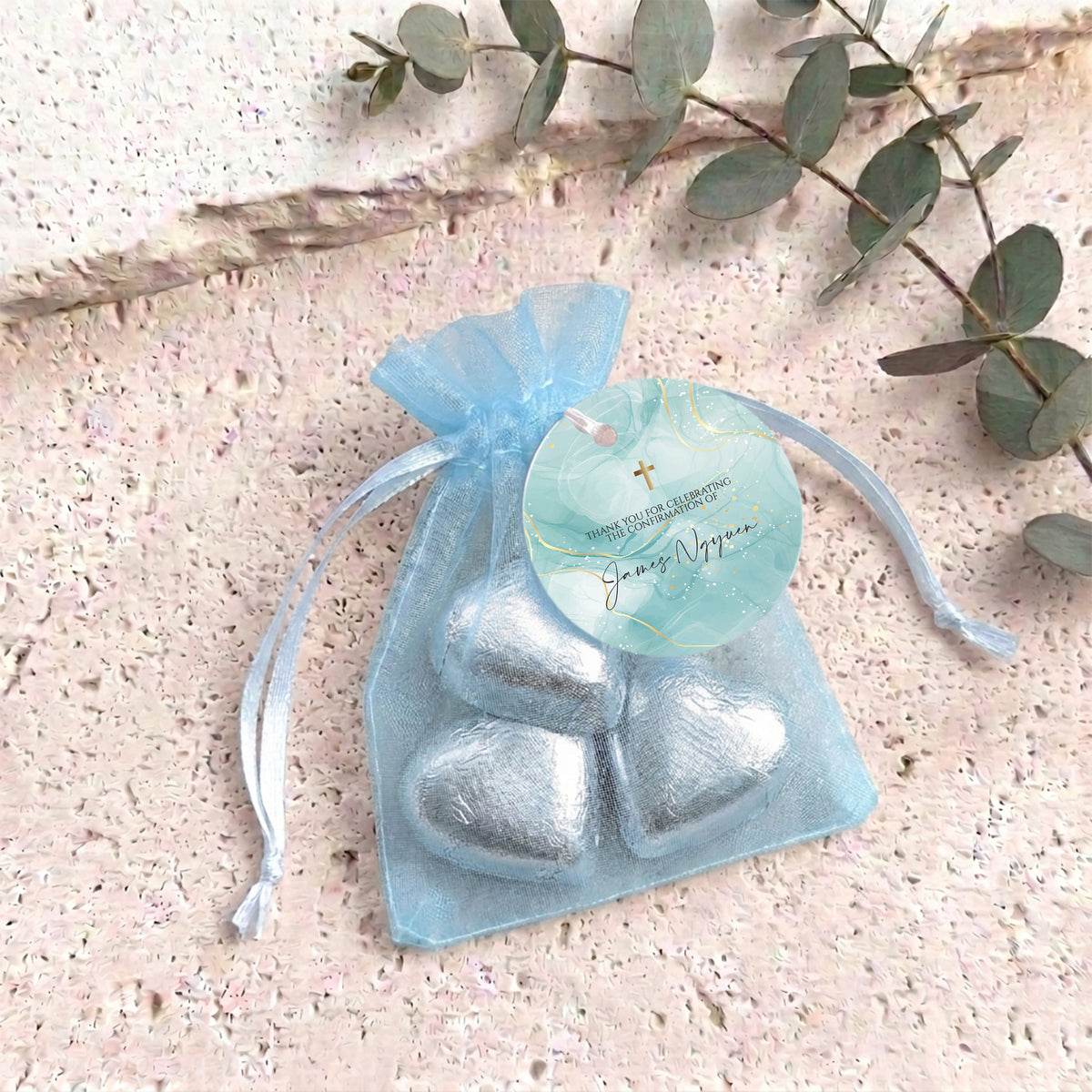 Green Gold Cross Confirmation Personalised Organza Bags with Chocolate Hearts