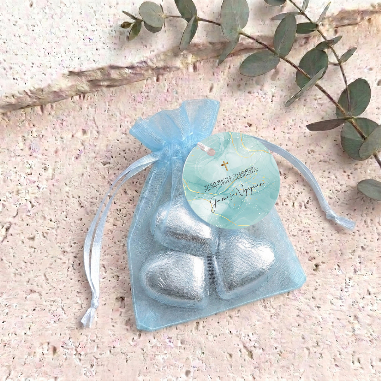 Green Gold Cross First Holy Communion Personalised Organza Bags with Chocolate Hearts