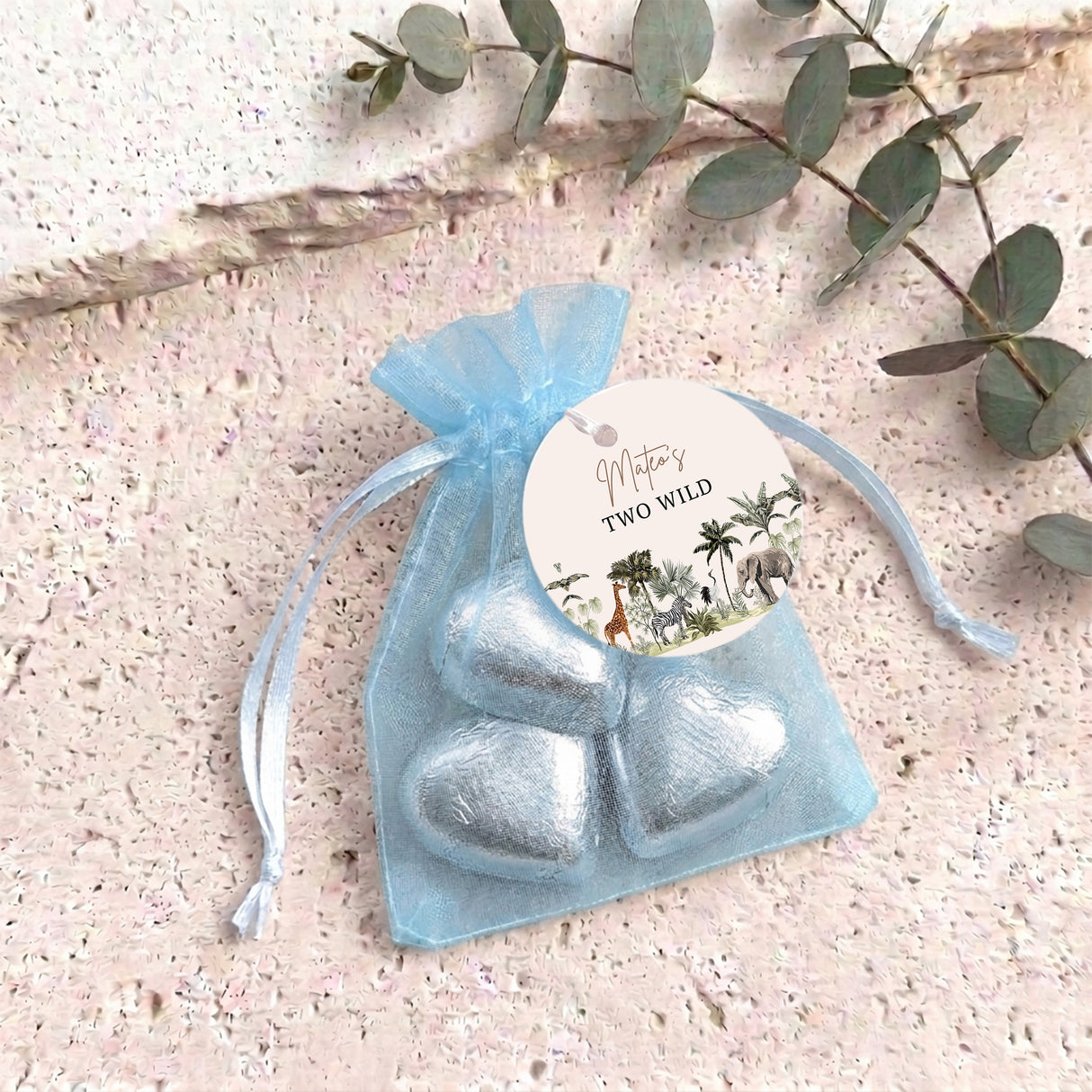 Jungle Safari Two Wild Personalised Organza Bags with Chocolate Hearts
