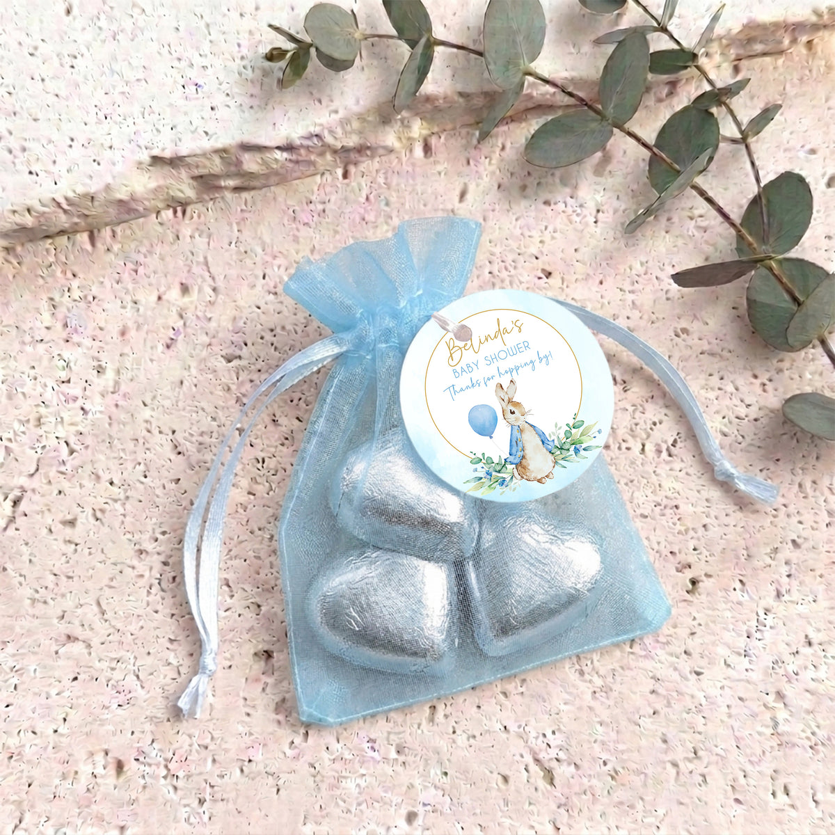 Peter Rabbit Blue Baby Shower Personalised Organza Bags with Chocolate Hearts