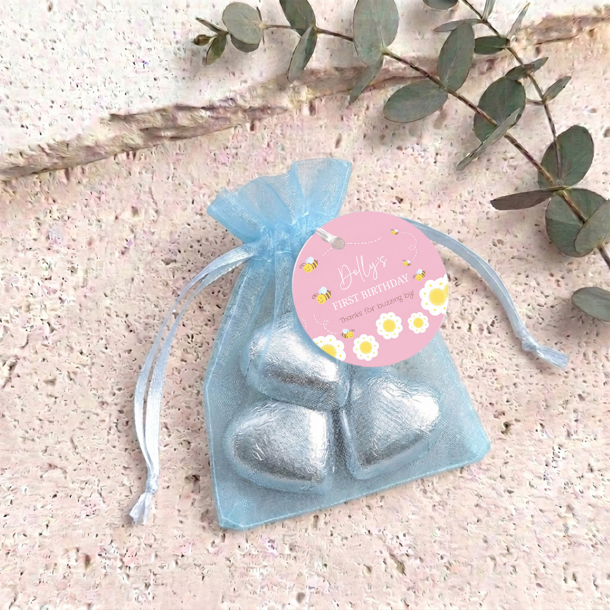 Pink Bumble Bee First Birthday Personalised Organza Bags with Chocolate Hearts