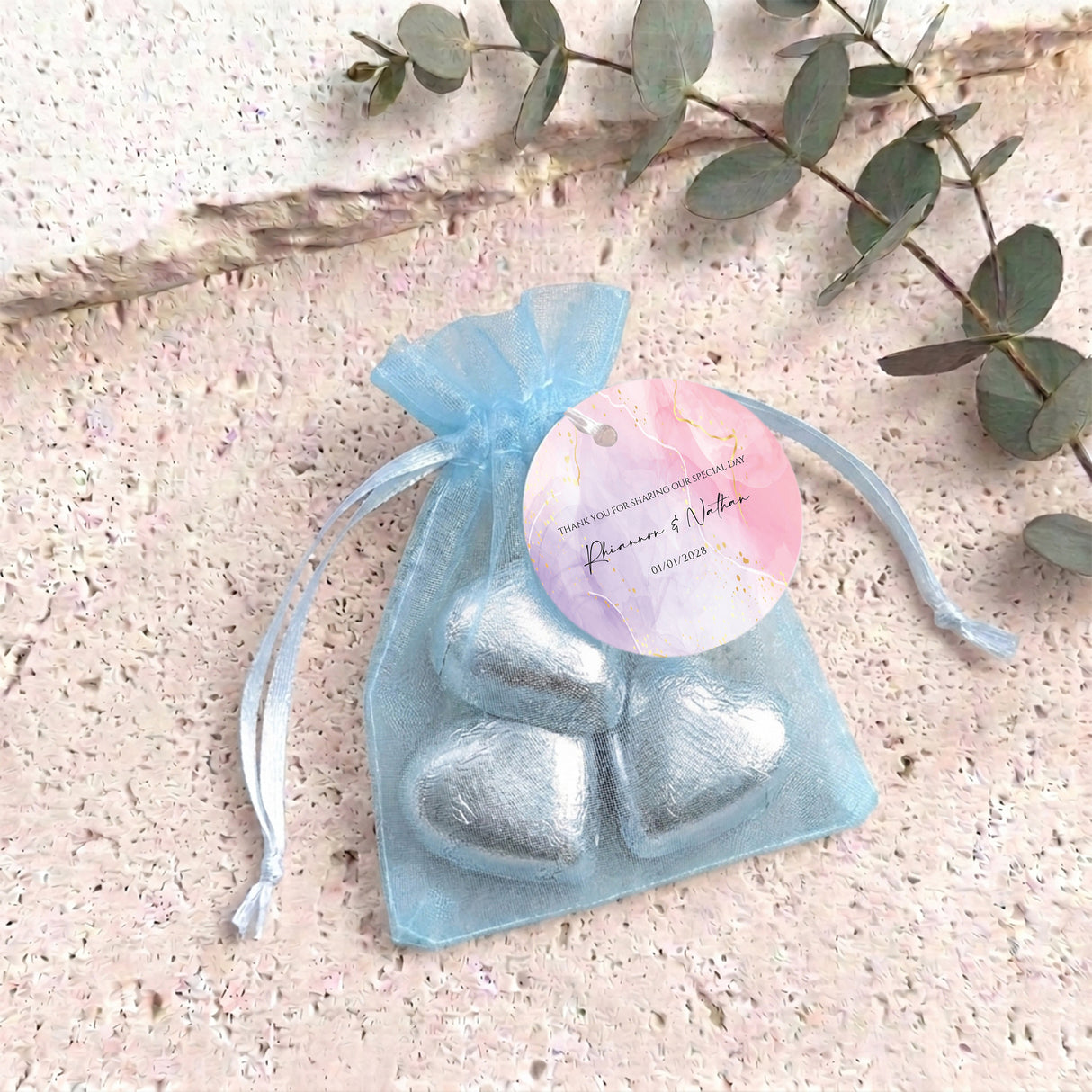 Pink Purple Marble Weddings Personalised Organza Bags with Chocolate Hearts