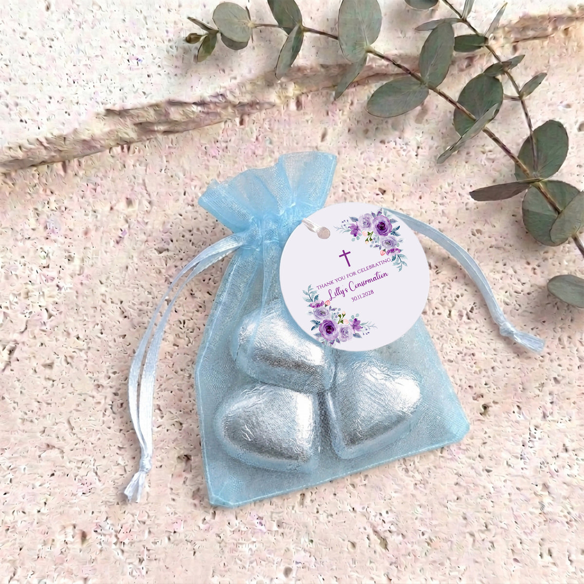 Pink Purple Roses Confirmation Personalised Organza Bags with Chocolate Hearts