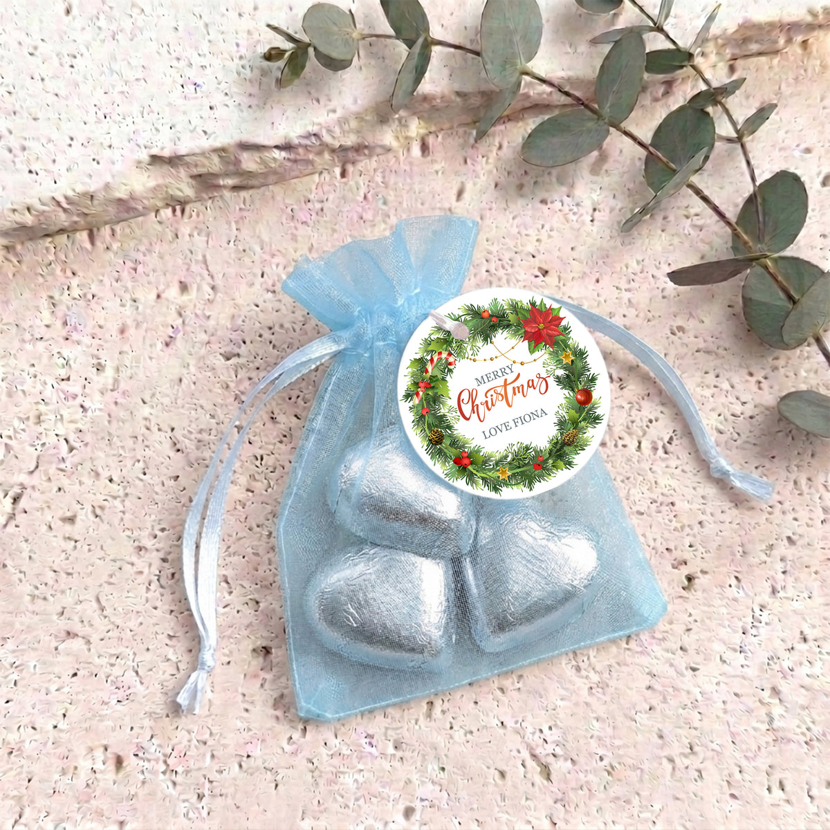 Christmas Wreath Personalised Organza Bags with Chocolate Hearts