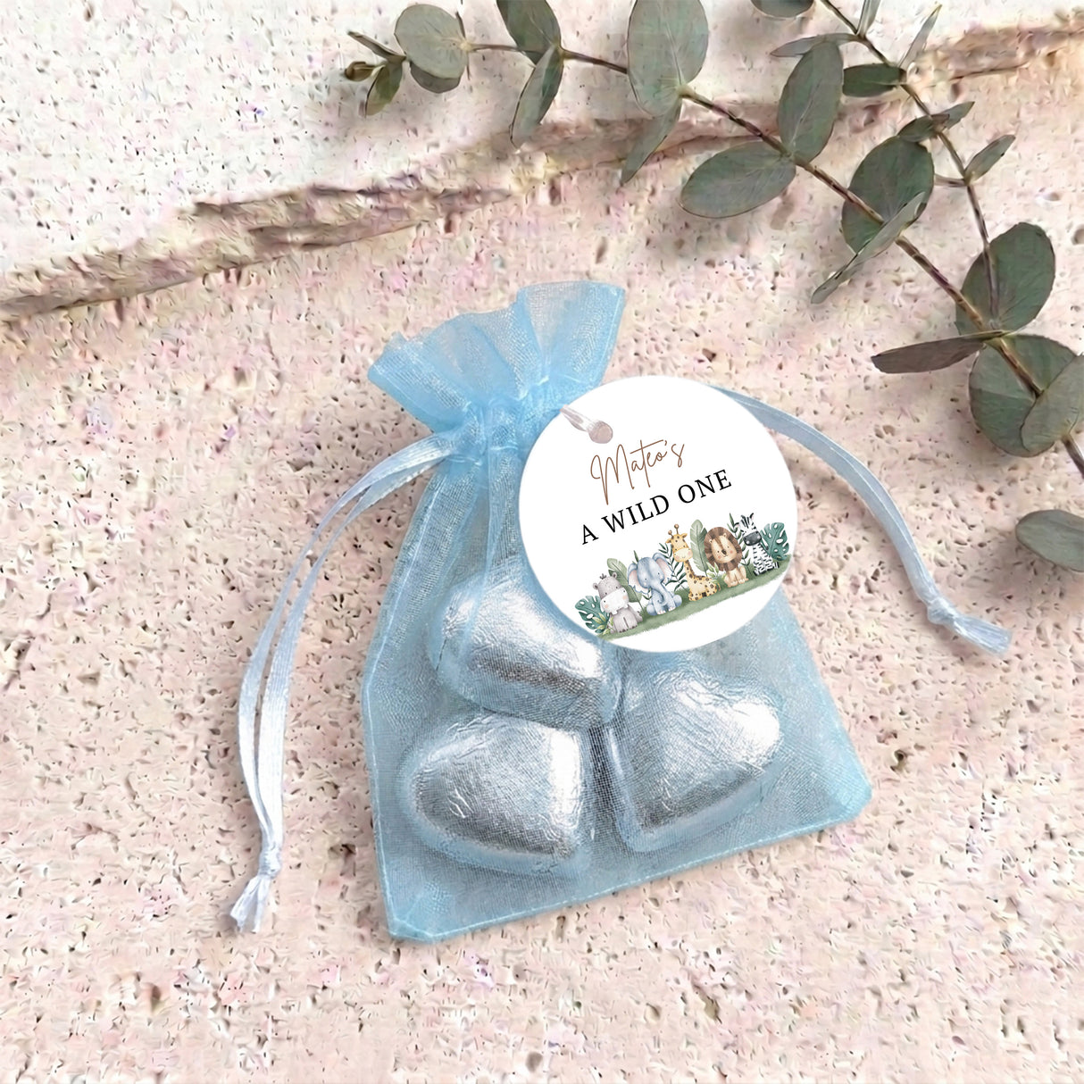 Two Wild Personalised Organza Bags with Chocolate Hearts