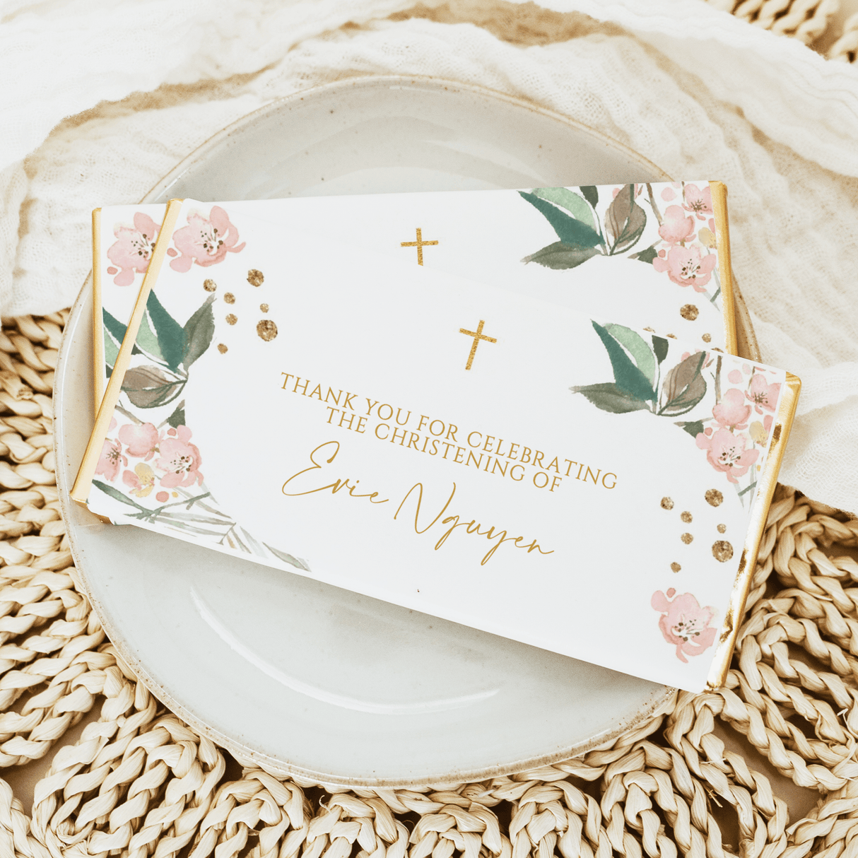 Blush pink & gold floral baptism chocolate bar wrapper, crosses and thank-you text