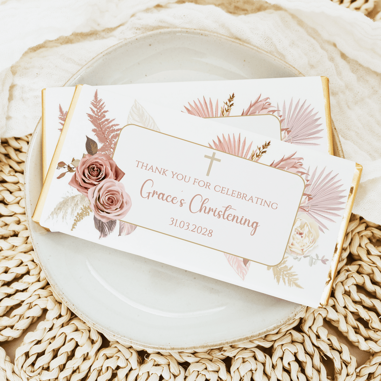 Boho christening chocolate bars with thank-you card, floral roses and date 31.03.2028