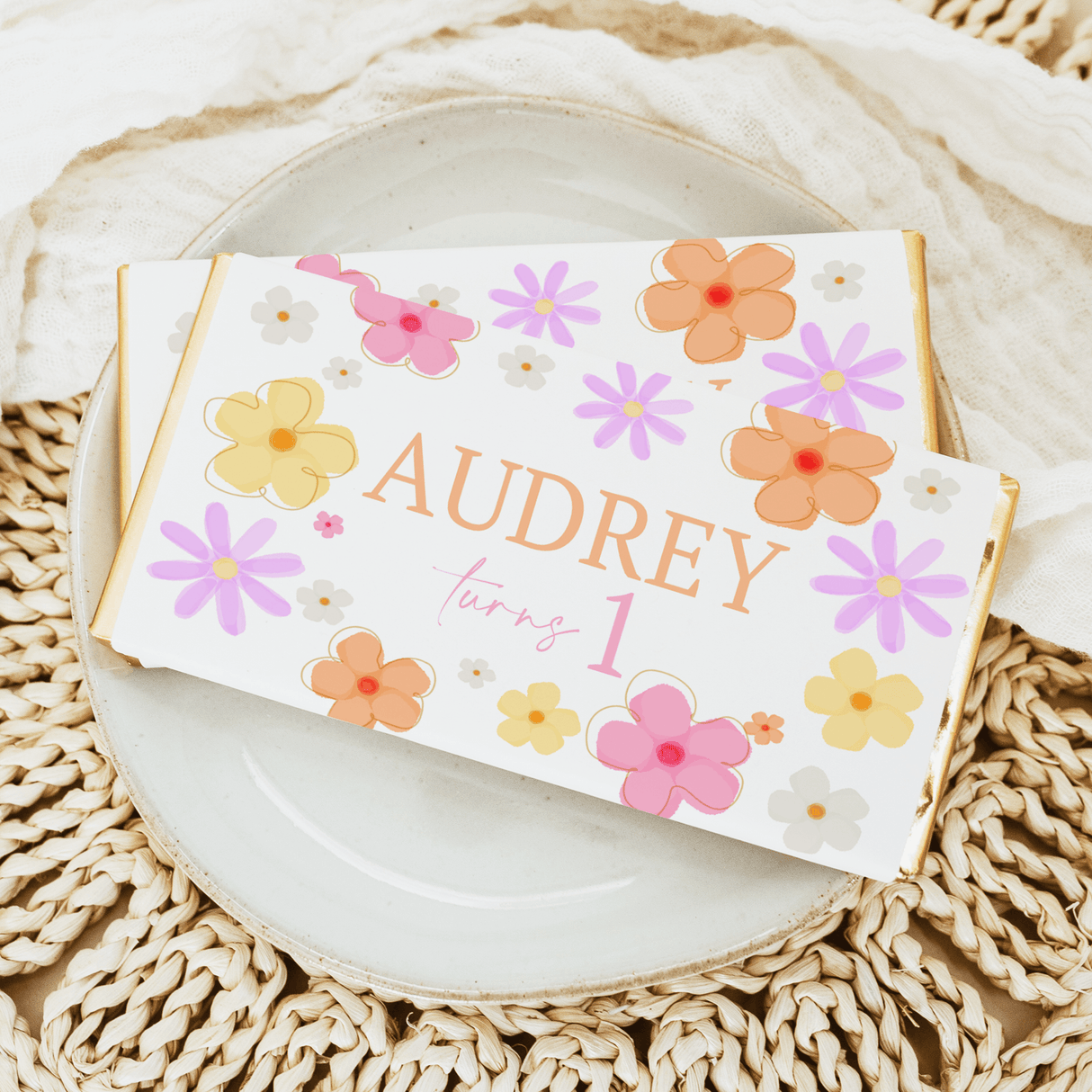 Floral custom chocolate bars, AUDREY turns 1