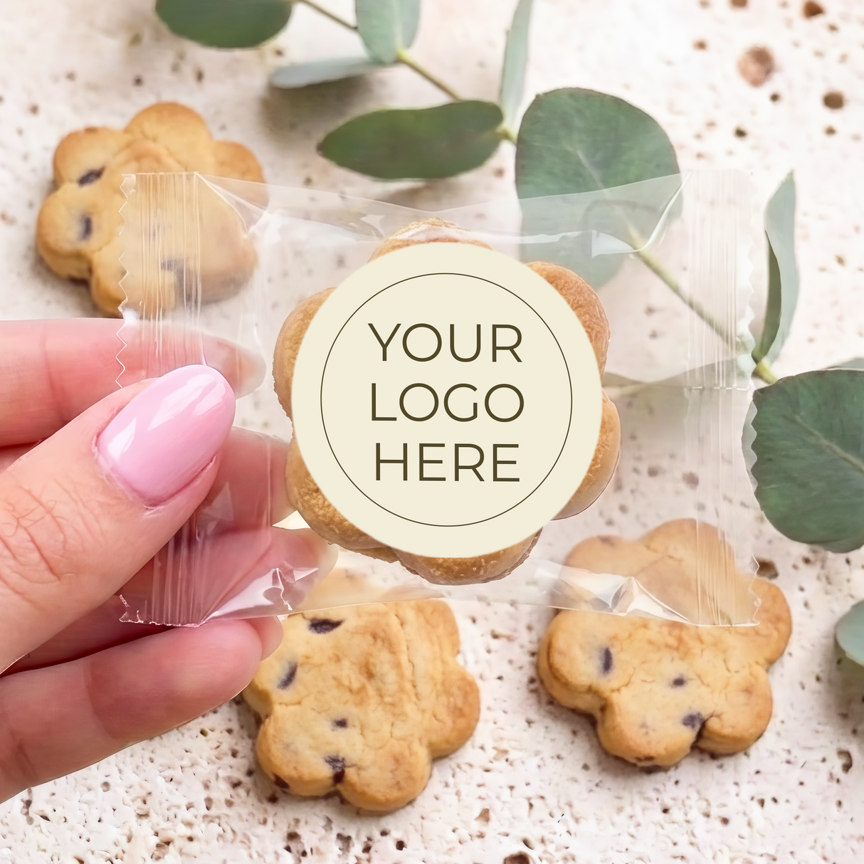 Hand holds wrapped choc chip cookie with round Your Logo Here label