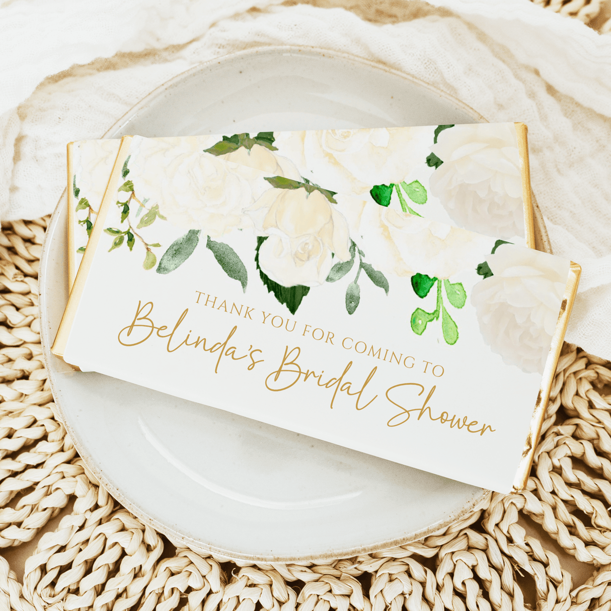 Thank you bridal shower chocolate bar with cream roses and green leaves label