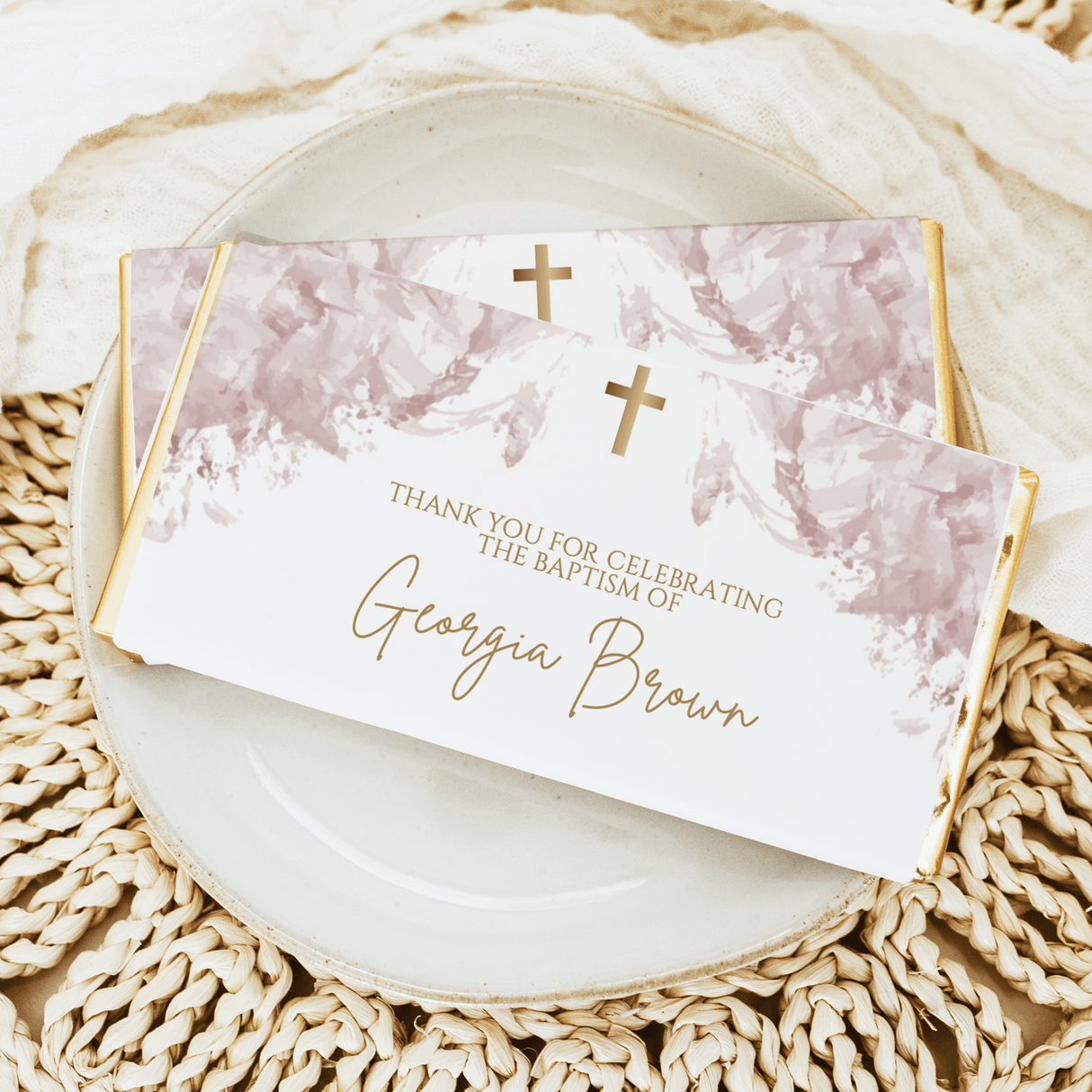 Dusty pink watercolor baptism chocolate bar wrapper with gold cross and custom name text