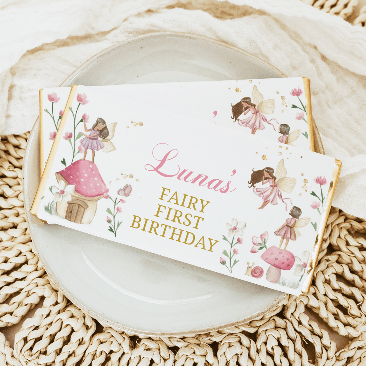 Luna's Fairy First Birthday chocolate bar wrapper with pink fairy illustrations and gold text