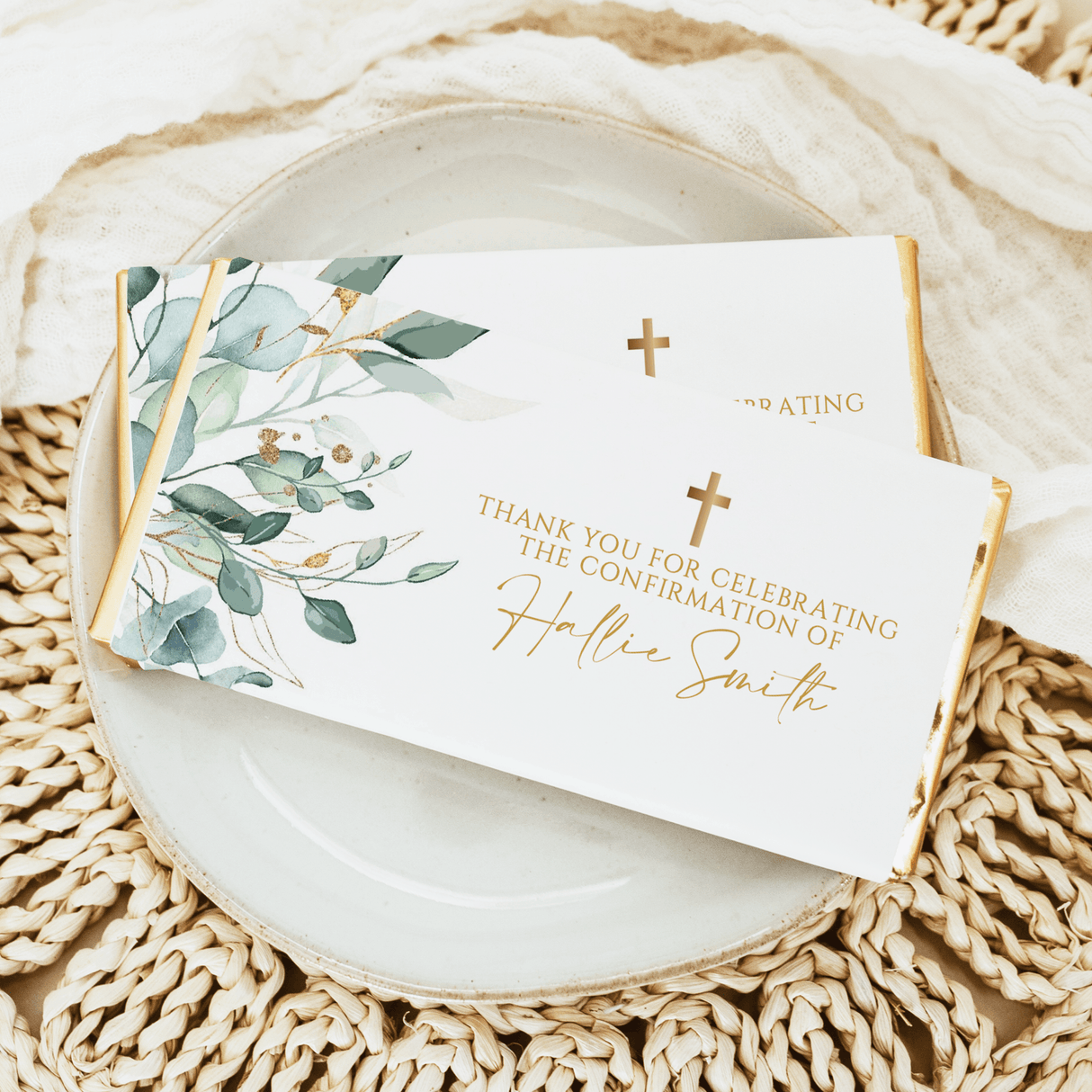 Custom baptism chocolate bar wrapper with eucalyptus leaves, gold crosses, and thank-you text