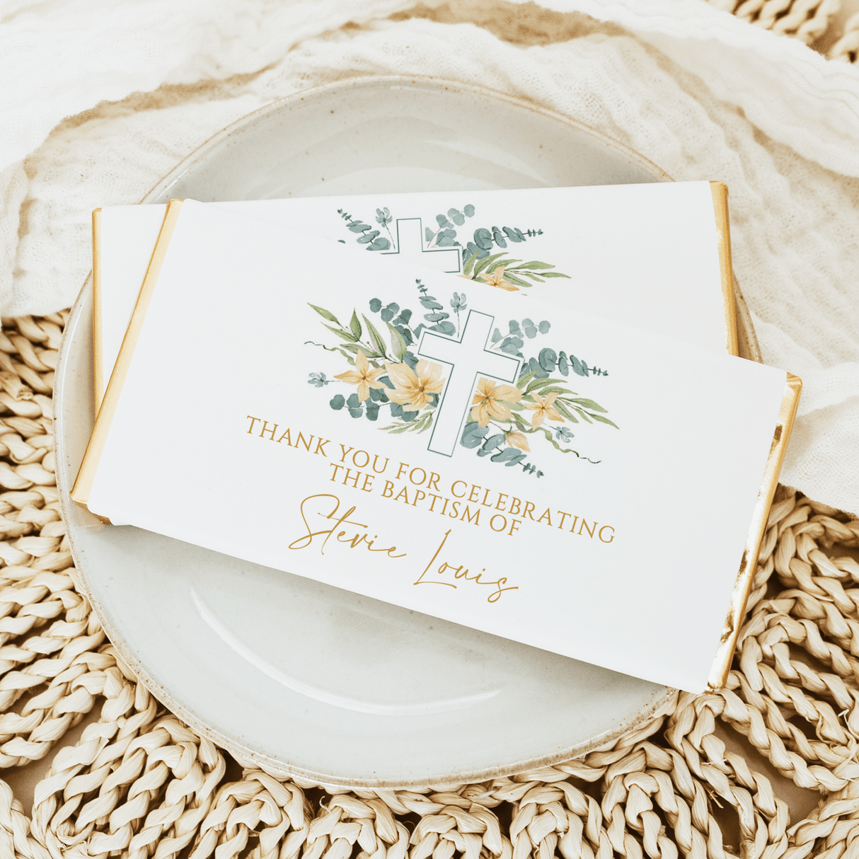 Floral greenery cross thank-you baptism chocolate bar wrapper, gold lettering