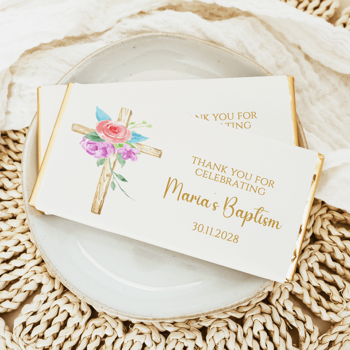 Floral cross baptism chocolate bar wrapper with rose bouquet and thank-you text