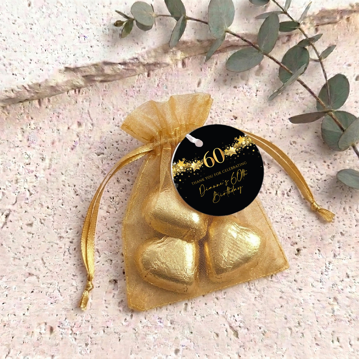 60Th Birthday Black Gold Stars Personalised Organza Bags with Chocolate Hearts
