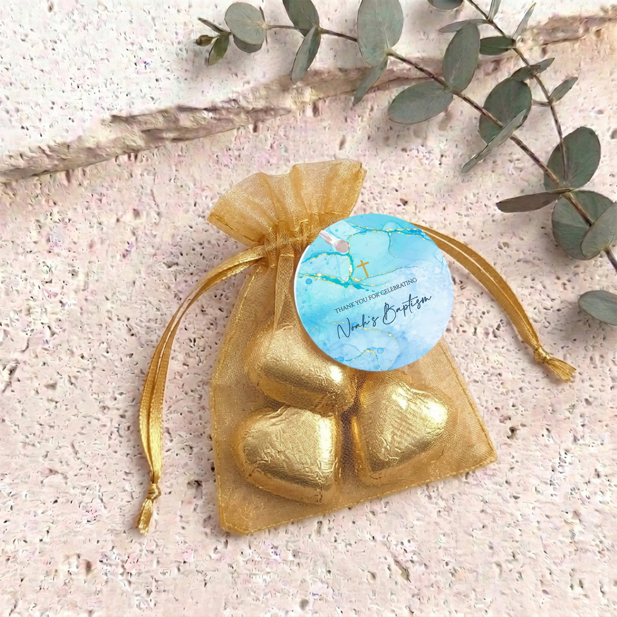 Blue Gold Cross Baptism Personalised Organza Bags with Chocolate Hearts