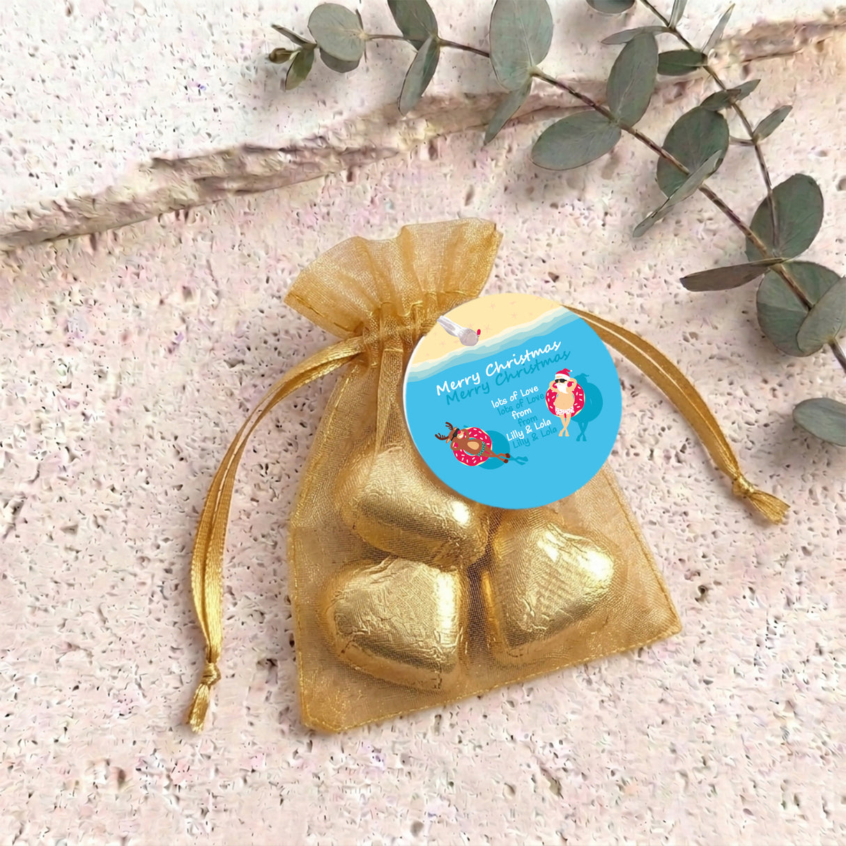Donut Santa Personalised Organza Bags with Chocolate Hearts