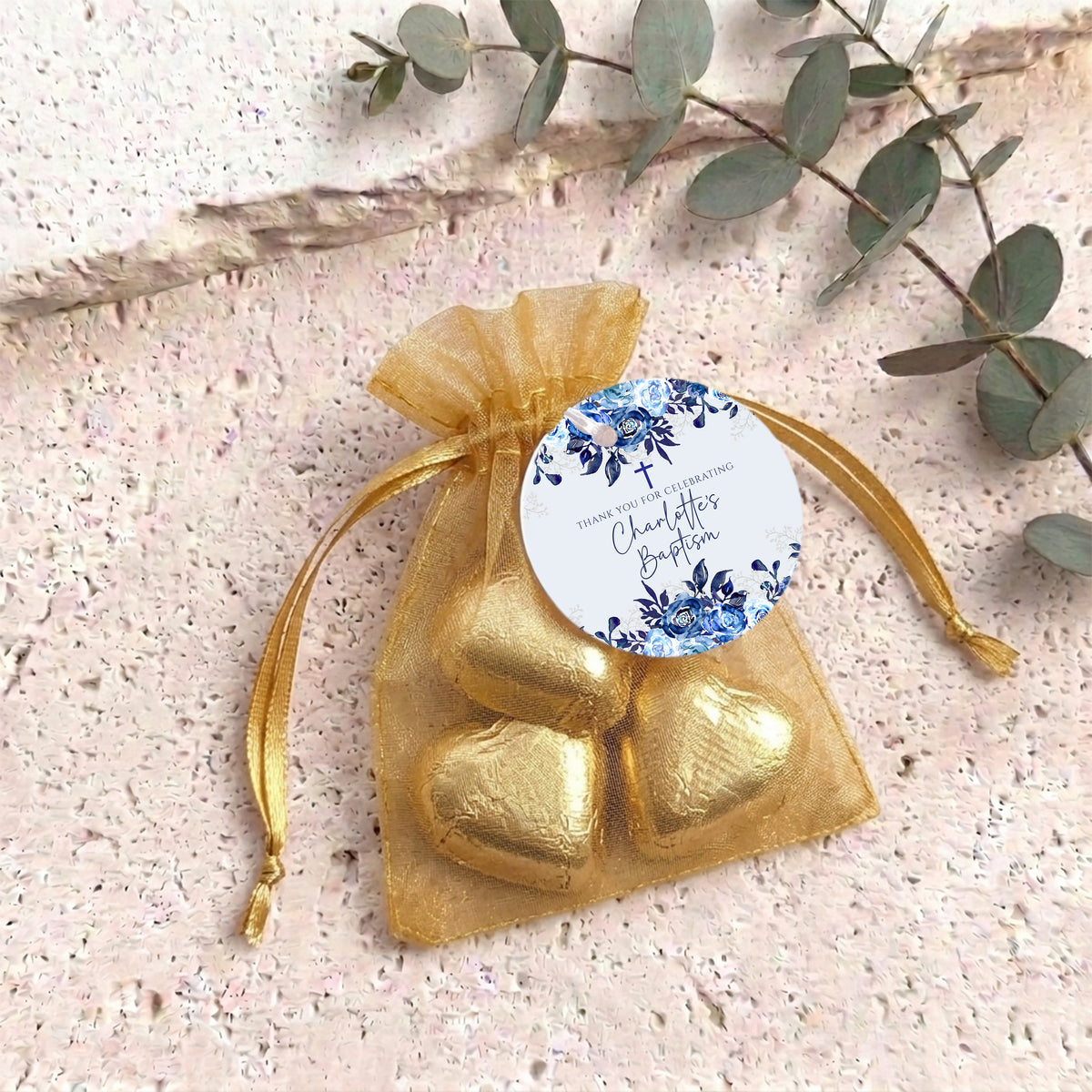 Navy Floral Waterfall Christening Personalised Organza Bags with Chocolate Hearts