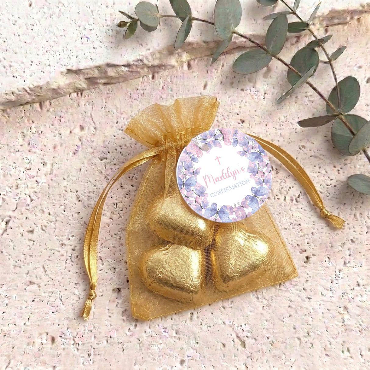 Pink Purple Butterflies Confirmation Personalised Organza Bags with Chocolate Hearts
