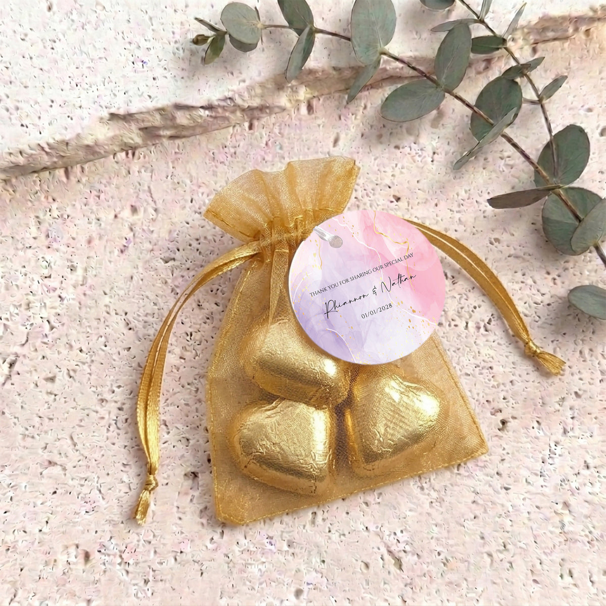 Pink Purple Marble Weddings Personalised Organza Bags with Chocolate Hearts